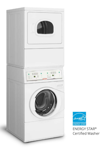 White stacked front load washer and dryer unit with control panel and ENERGY STAR certification in Washer/Dryer Combos collection