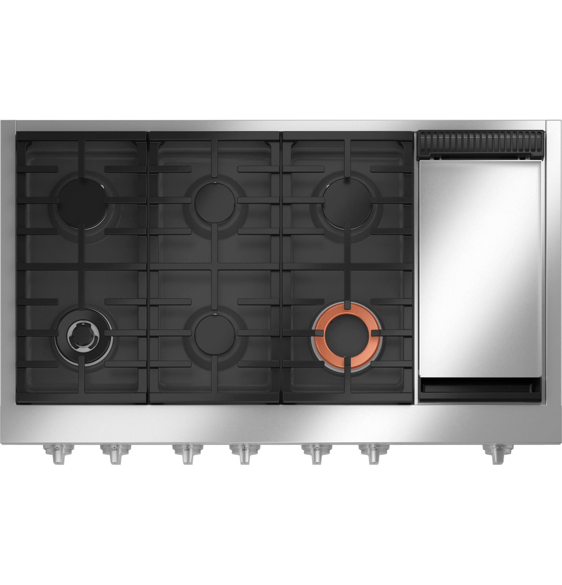 48-inch stainless steel commercial-style gas cooktop with six burners and integrated griddle in kitchen appliances collection