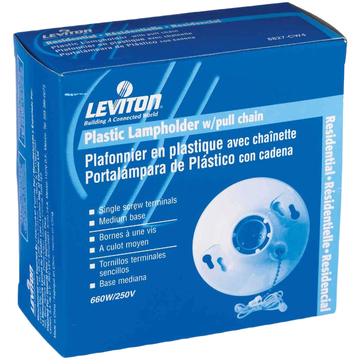 Blue box packaging for a Leviton white plastic lampholder with pull chain for residential lighting and home improvement projects