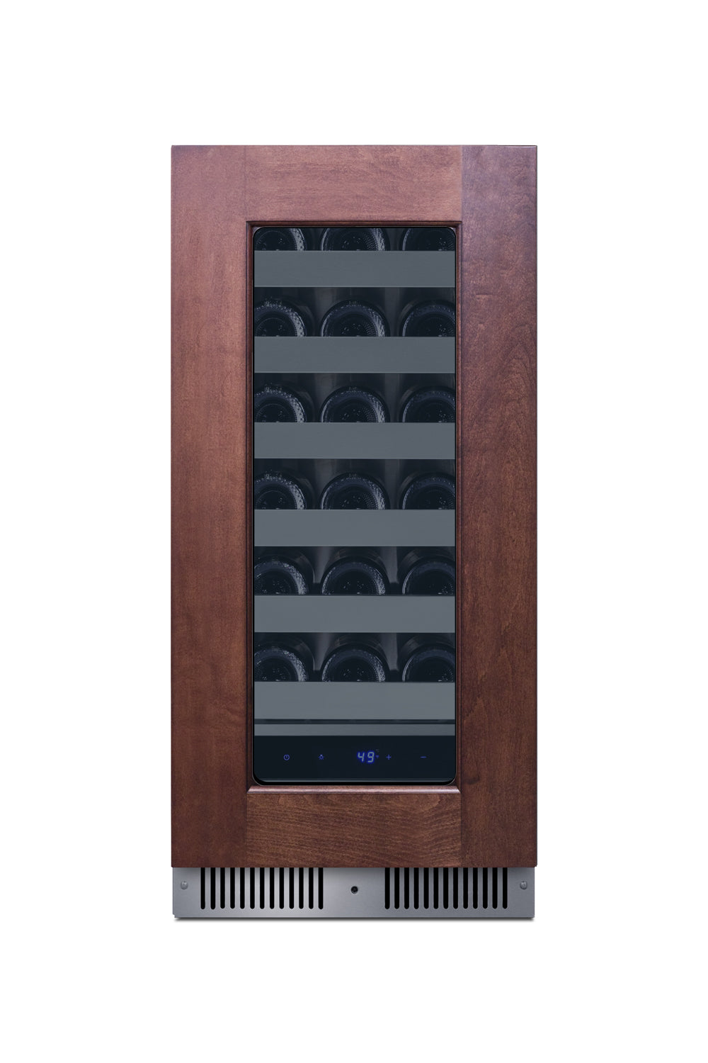 Built-in undercounter wine cellar with wood frame door, digital temperature display, part of beverage centers collection