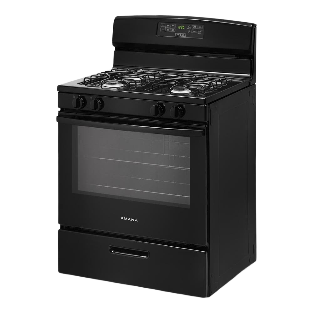 Black freestanding gas range with five burners, digital display, oven window, and storage drawer in Ranges & Cooktops collection