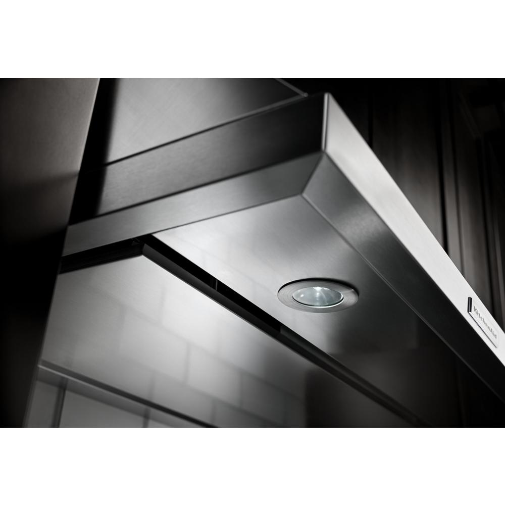 Stainless steel under-cabinet ventilation hood with LED lighting and electronic controls in KitchenAid Appliances collection