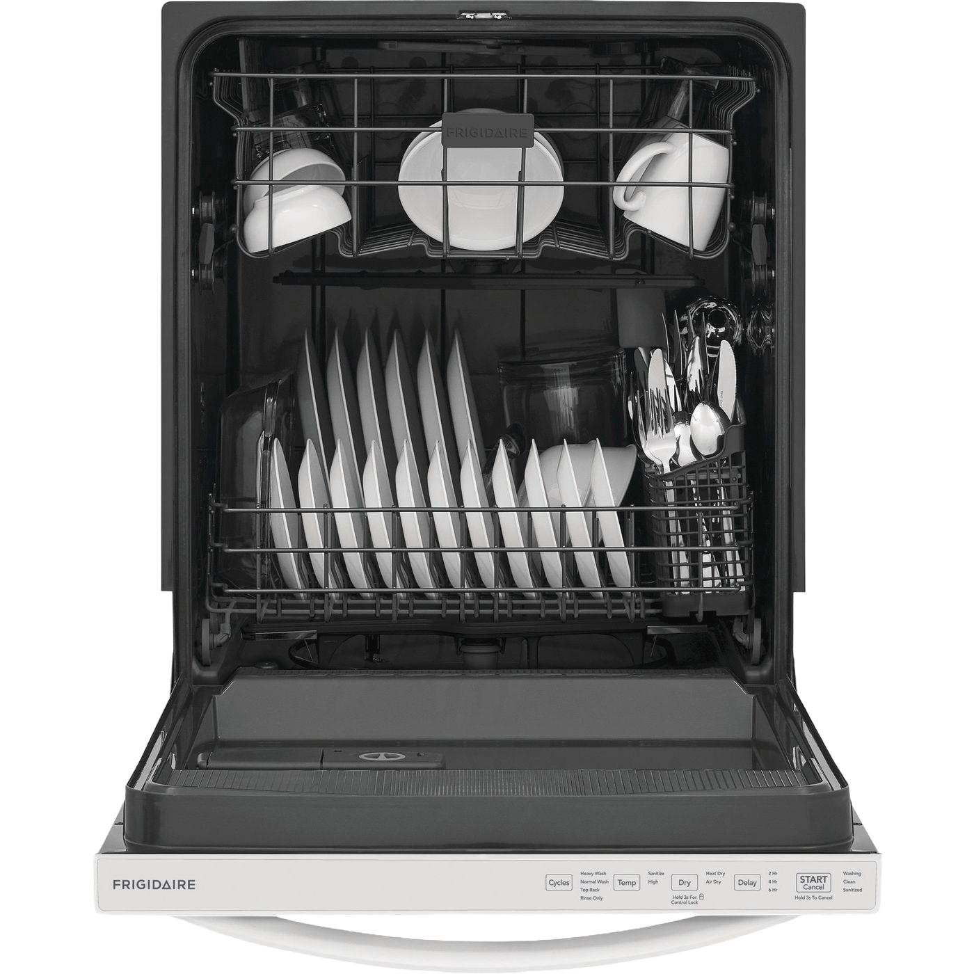 Open 24-inch built-in dishwasher with dishes, cups, and utensils inside from kitchen appliances collection