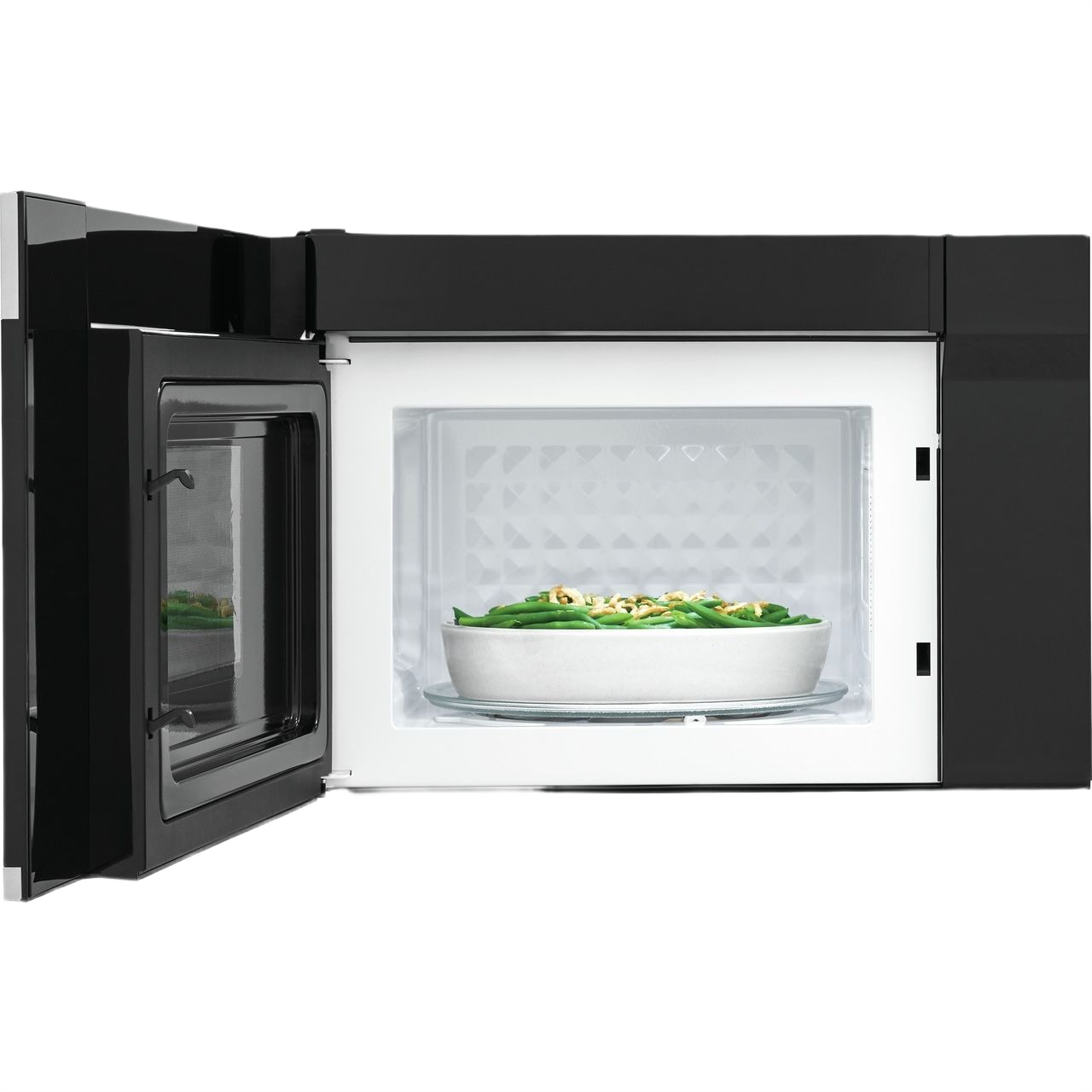 Black over-the-range microwave with open door showing green beans in white bowl inside interior light on, Kitchen & Kitchenware collection