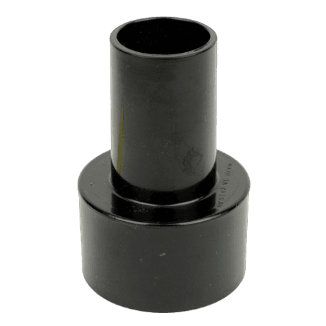 Black ABS plastic adapter for connecting 2-1/2" to 1-1/2" hoses in dust collection woodworking tools.