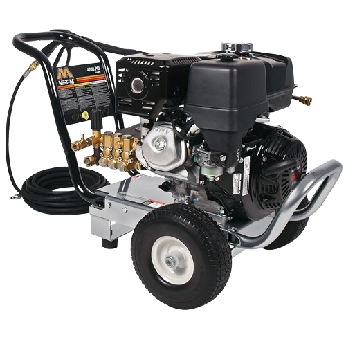 Gasoline-powered pressure washer with durable frame and large wheels for outdoor power equipment and home improvement tasks