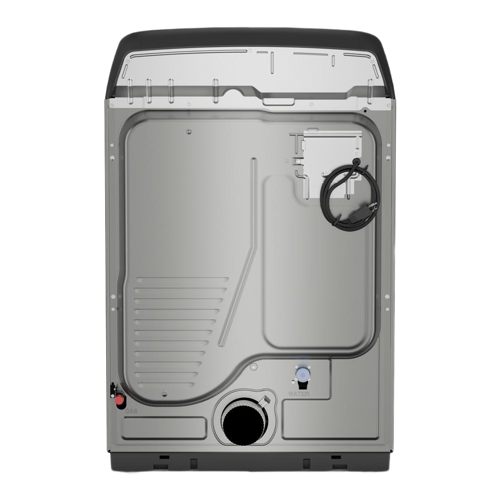 Back view of a silver top load gas dryer showing vent, water inlet, gas connection, and power cord, part of Dryers, Gas Dryers, Appliances, and Washers & Dryers collections.
