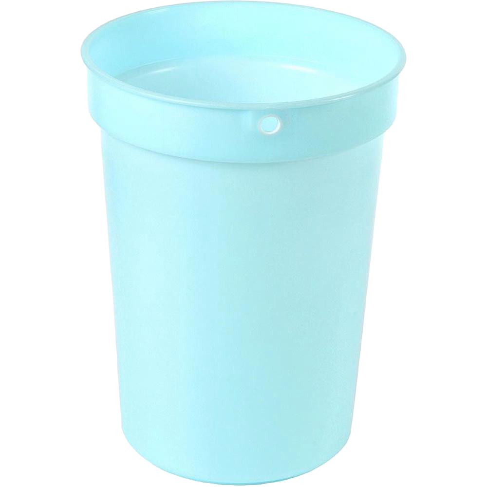 Light blue plastic bucket with rounded rim and small hole near the top, part of cleaning tools collection
