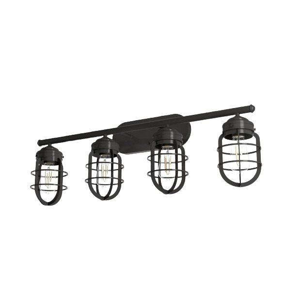 Rustic noble bronze 4-light vanity fixture with caged bulbs for bathroom wall lighting and home improvement collections