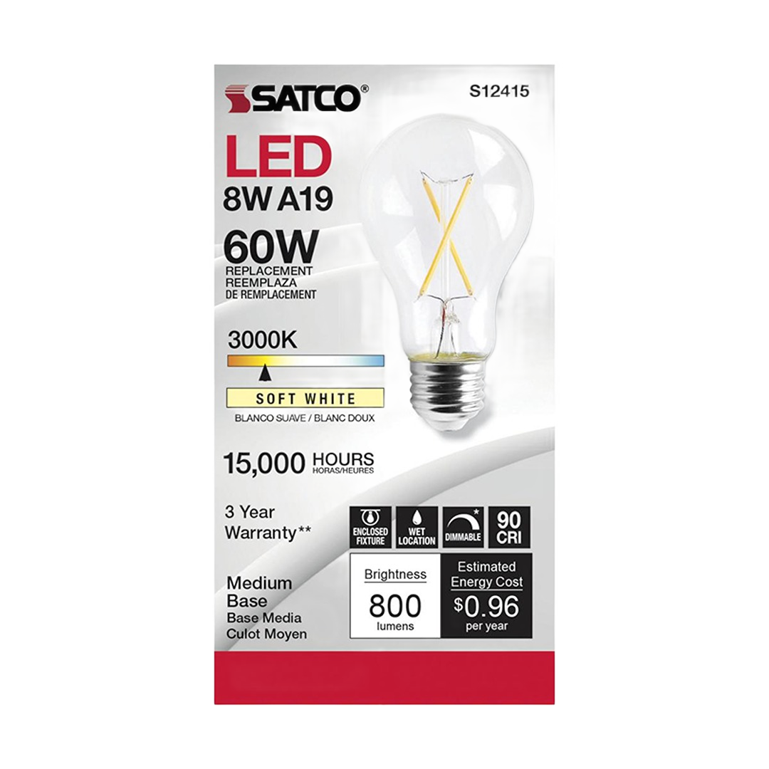Clear LED bulb with medium base, 800 lumens brightness, soft white 3000K light, and energy-efficient 8-watt design for home use