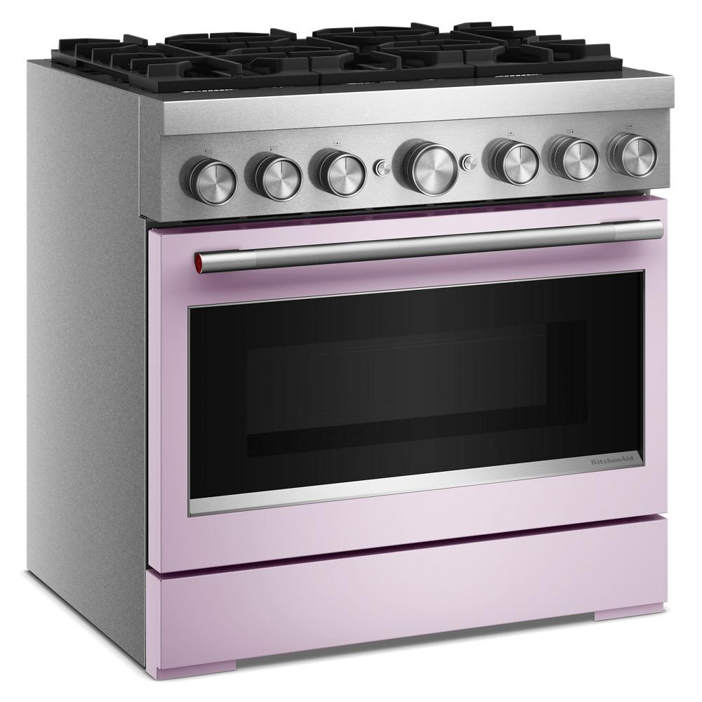 36-inch stainless steel dual fuel range with six burners and purple oven door in KitchenAid ranges collection