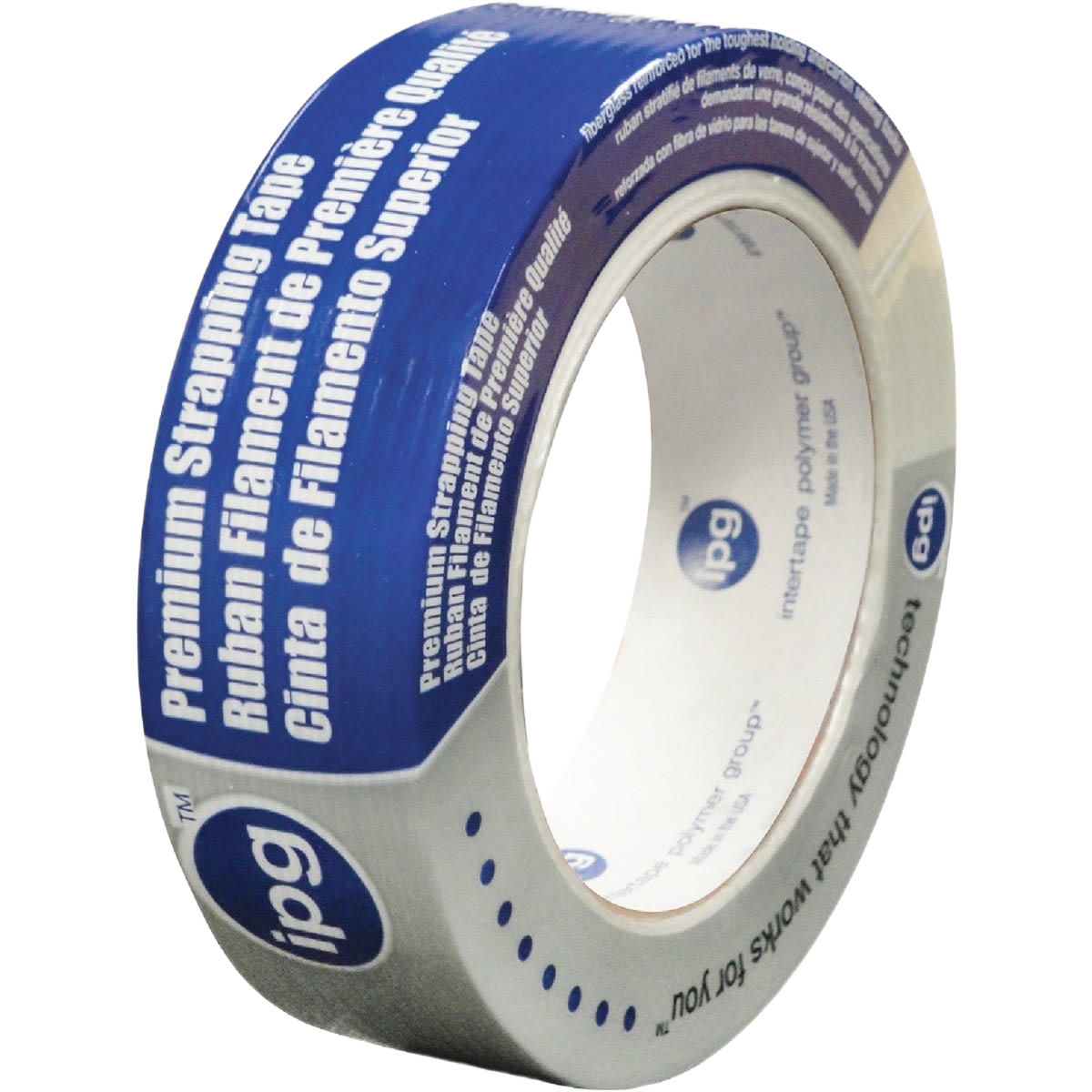 Roll of reinforced strapping tape with blue and white label, ideal for securing and bundling in home improvement projects
