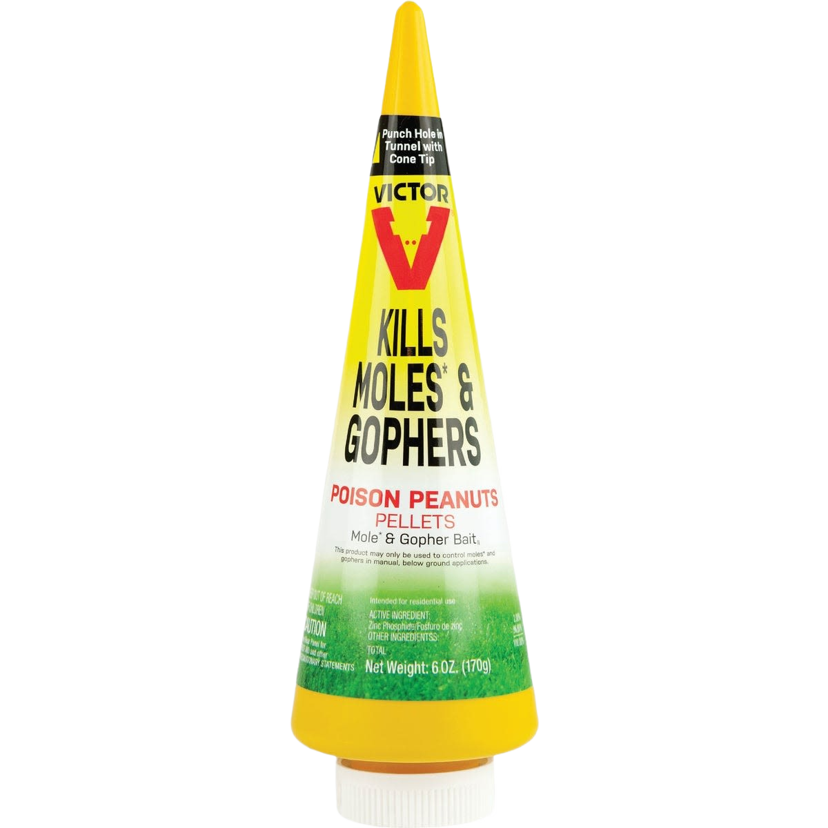 Yellow and green cone-shaped bait container for mole and gopher control in lawn and garden pest management collections under $50
