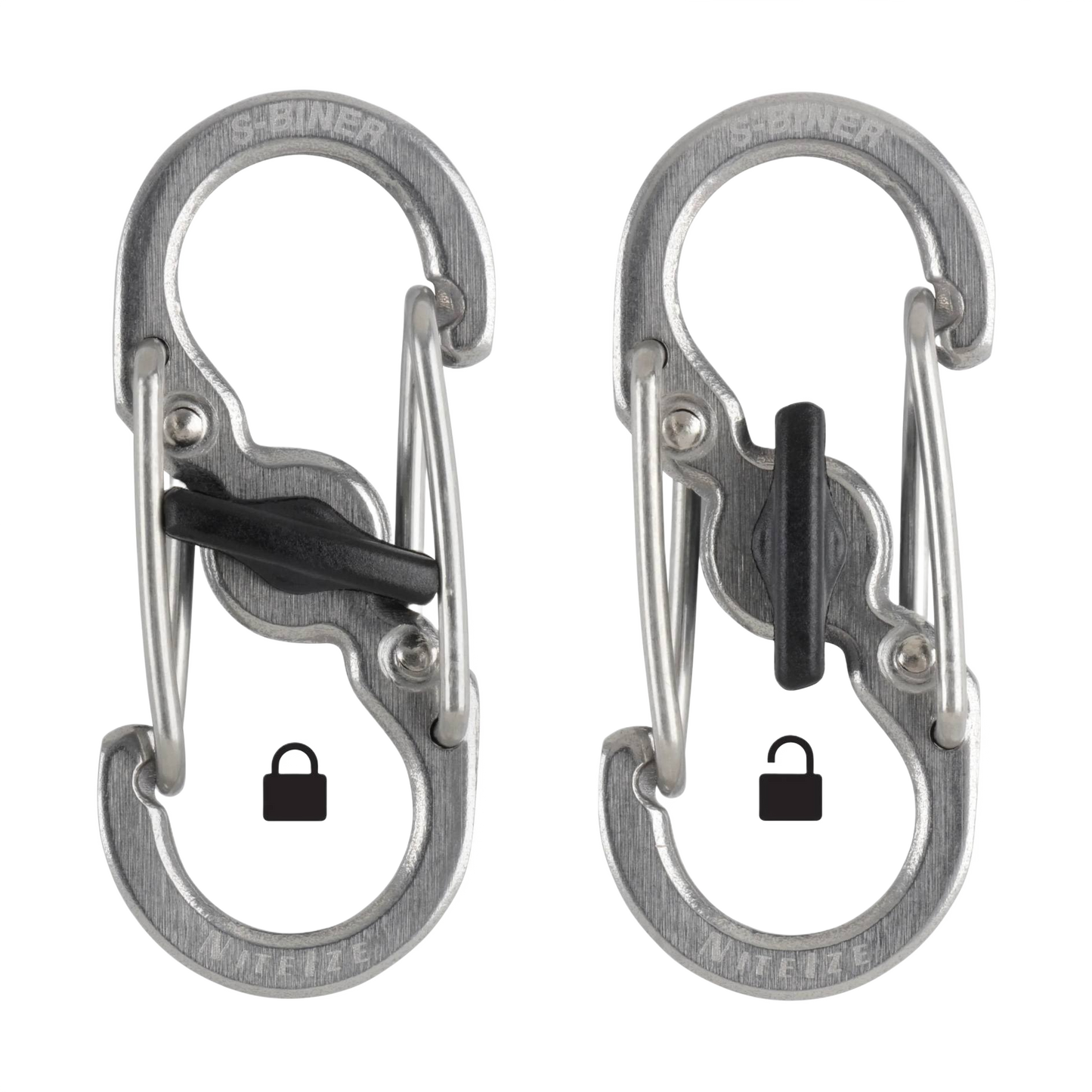 Two stainless steel S-clip key rings with black MicroLock for secure organization in hardware and storage collections