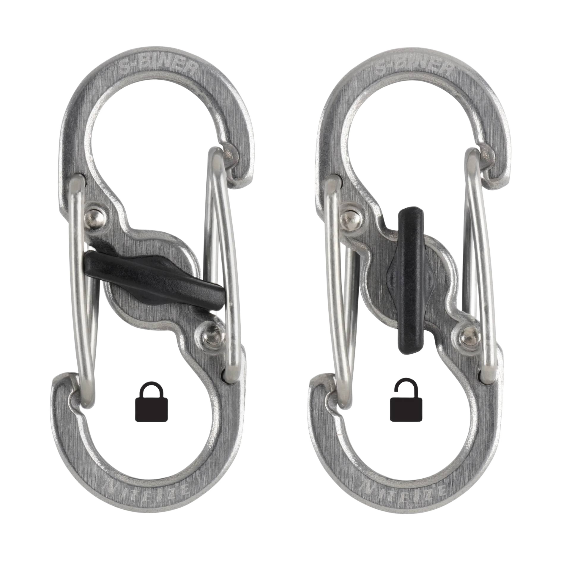 Two stainless steel S-clip key rings with black MicroLock for secure organization in hardware and storage collections
