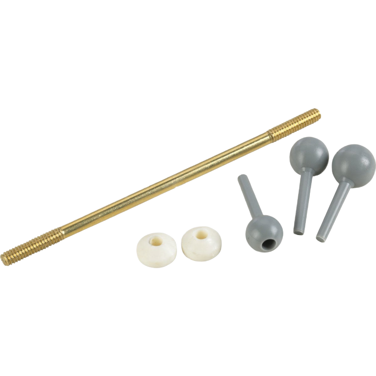 Universal lavatory ball rod assembly with three gray pop-up balls and two white washers for faucet repair parts