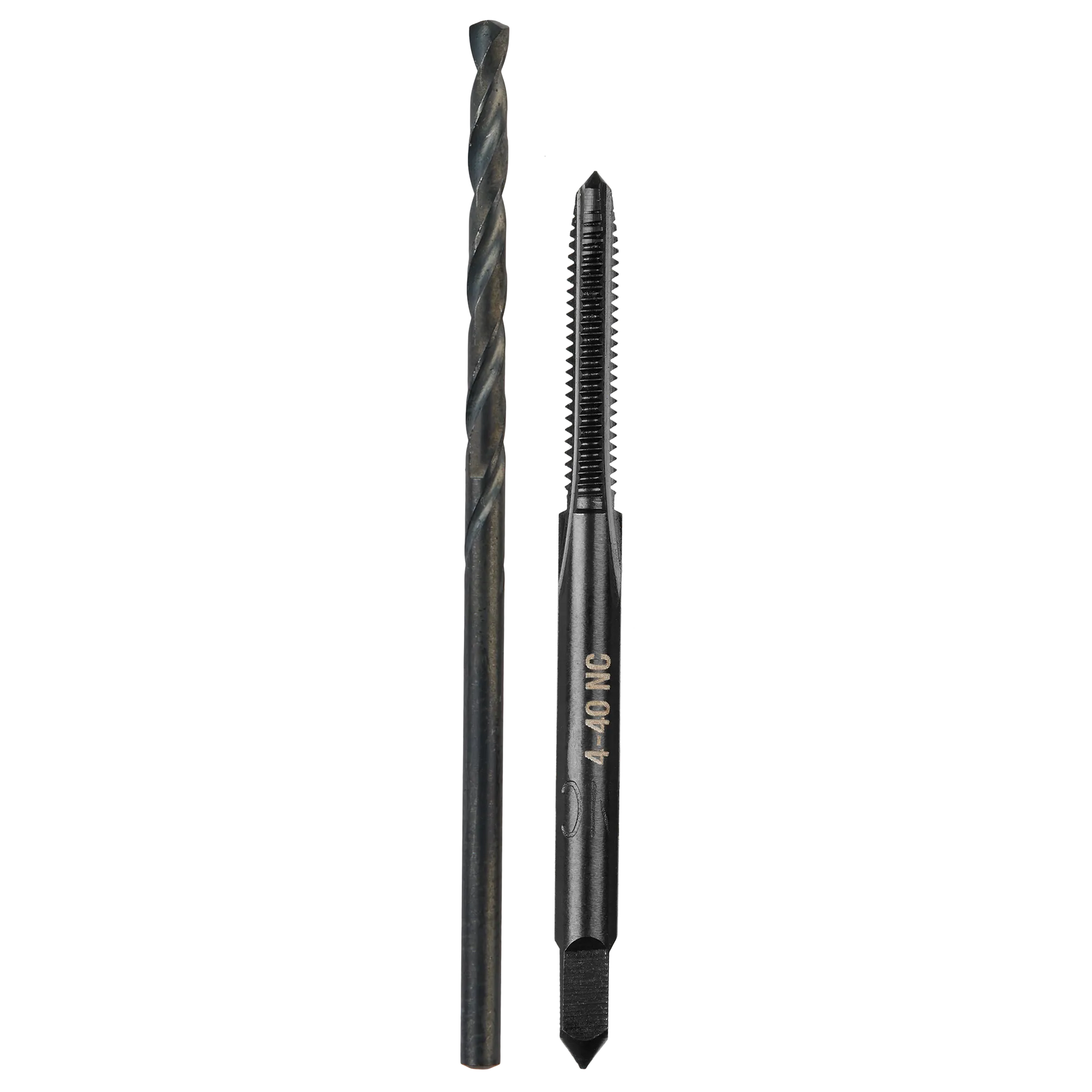 Set of black straight flute plug tap and drill bit for threading and drilling in tools and home improvement tasks
