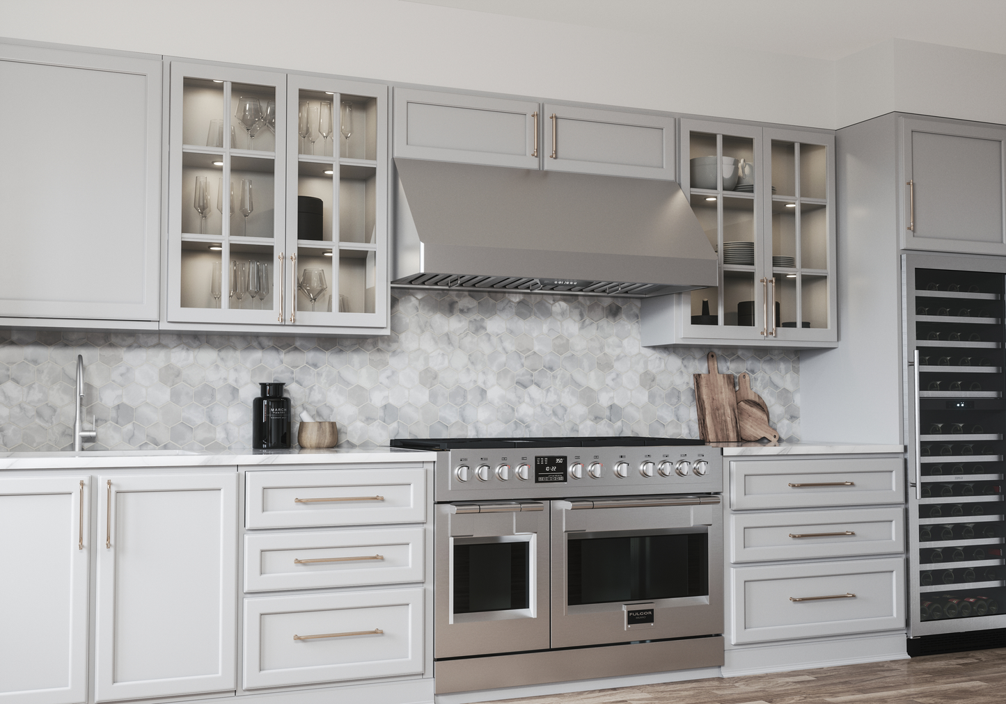 Wall-mounted stainless steel range hood with LED lighting installed above a professional-style stove in a modern kitchen, part of Range Hoods and Kitchen & Kitchenware collections.