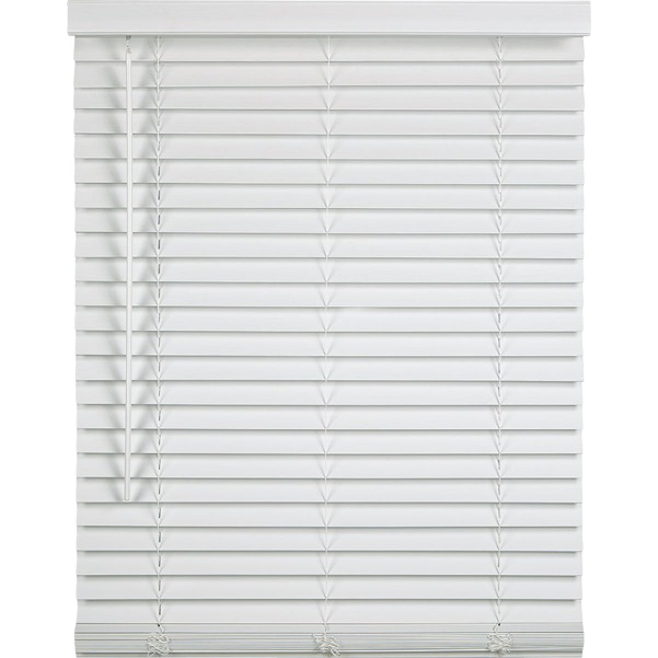 White cordless faux wood blind with adjustable slats for light control in home improvement use