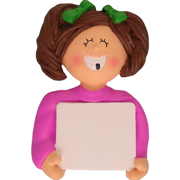 Brunette girl ornament with green bows and missing tooth holding blank sign for Christmas décor under $50 collection
