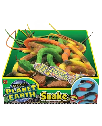 Collection of realistic rubber snakes in green, orange, and yellow colors for pretend play in toys and games section