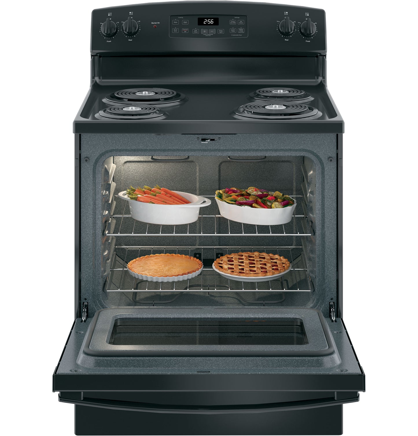 Black electric range with open oven door showing two casseroles and two pies baking inside from kitchen appliances collection