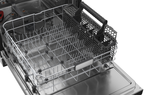 Open stainless steel dishwasher interior showing empty adjustable racks and utensil basket for kitchen appliances