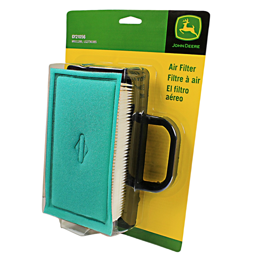 Replacement air filter with green foam and white pleated material in yellow and green John Deere packaging
