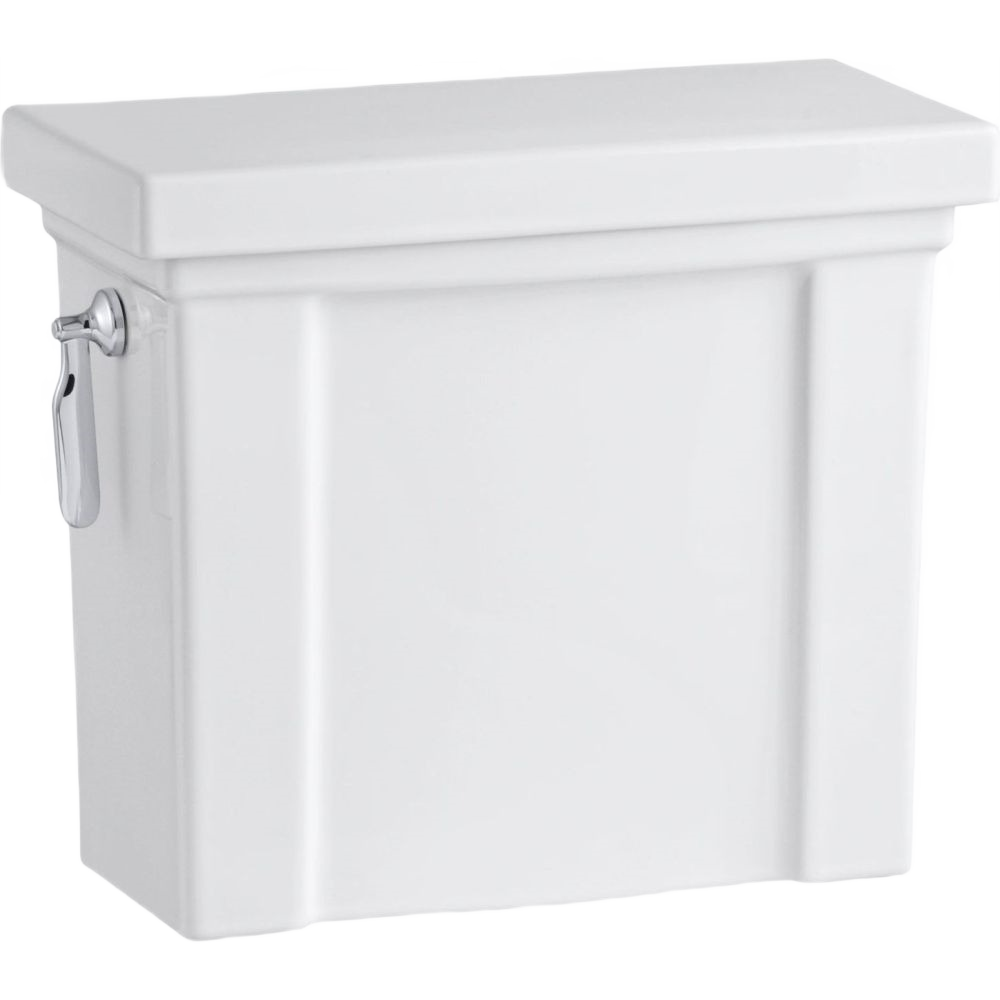 White Kohler toilet tank with a classic rectangular design and chrome flush lever for home improvement projects