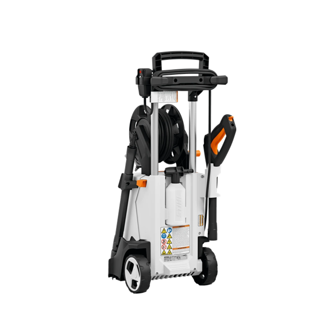 Orange and white electric pressure washer with hose reel and wheels for easy outdoor cleaning and home improvement tasks