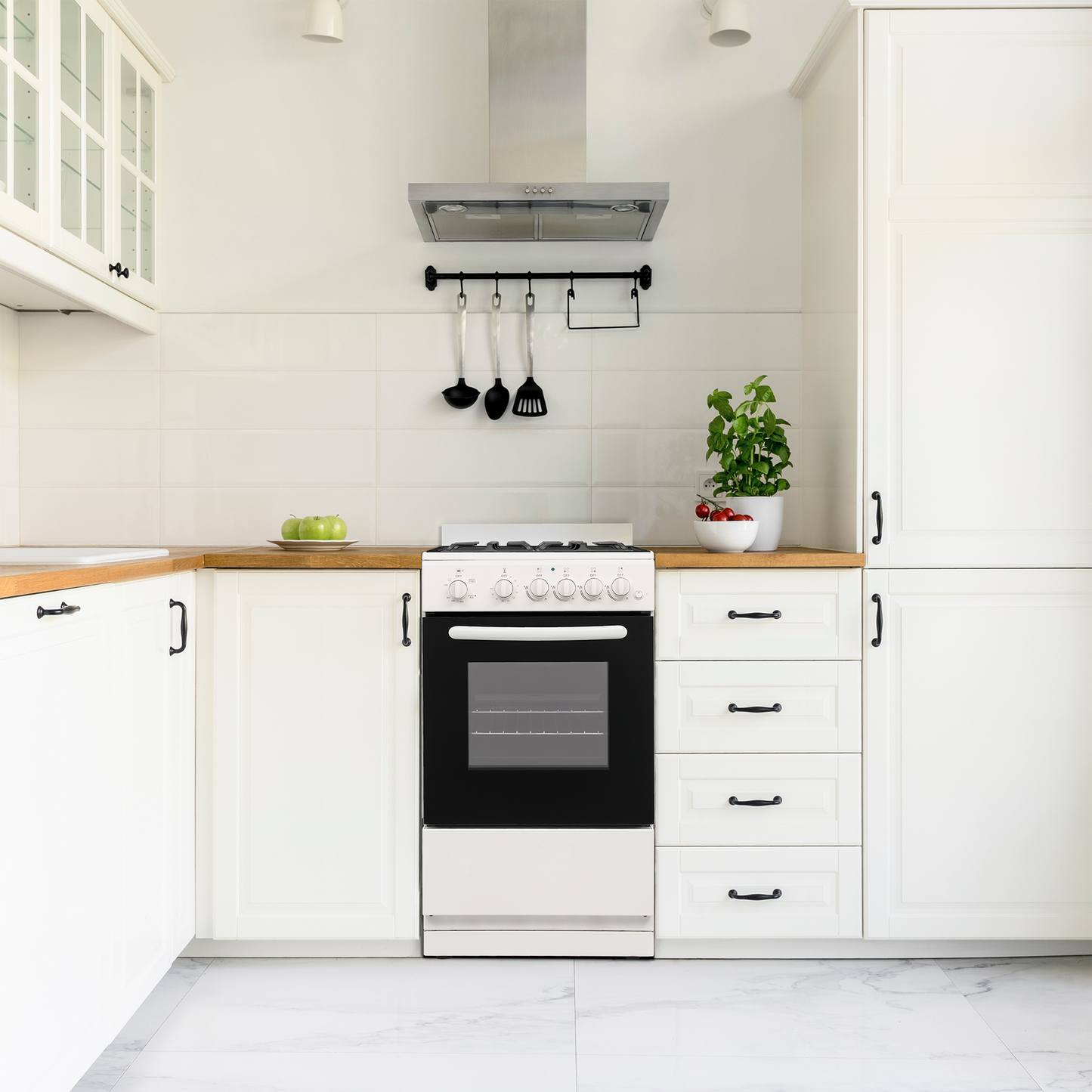 White and black 20-inch gas range with multiple control knobs, oven window, cast iron grates in modern kitchen setting