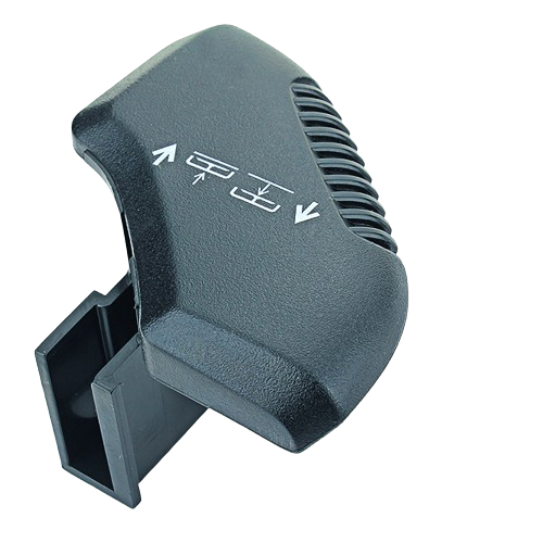 Black plastic instrumental panel lift handle with textured grip and directional markings for parts and lubricants collection
