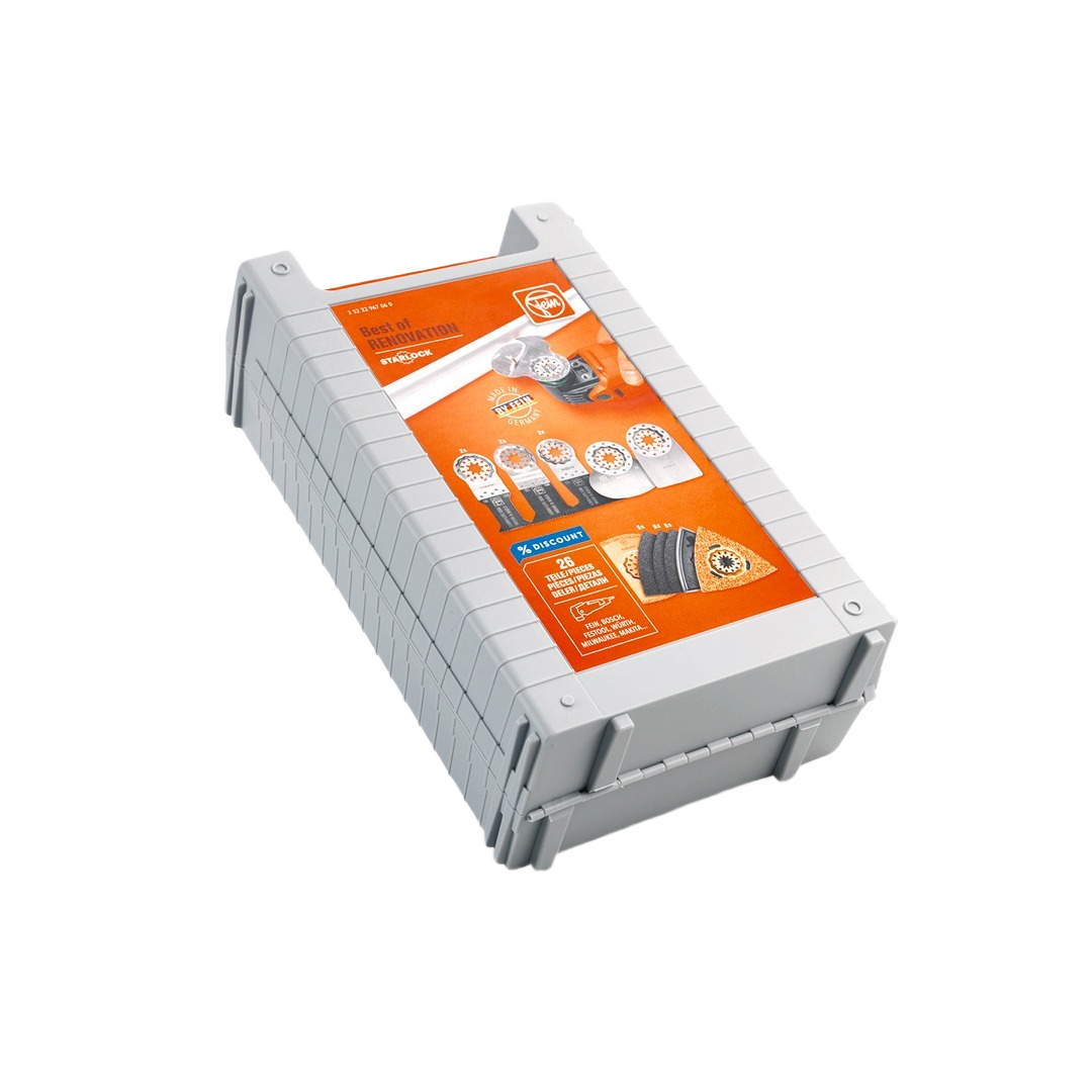 Gray plastic storage case containing assorted Starlock renovation blades and sanding accessories for tool and woodworking use