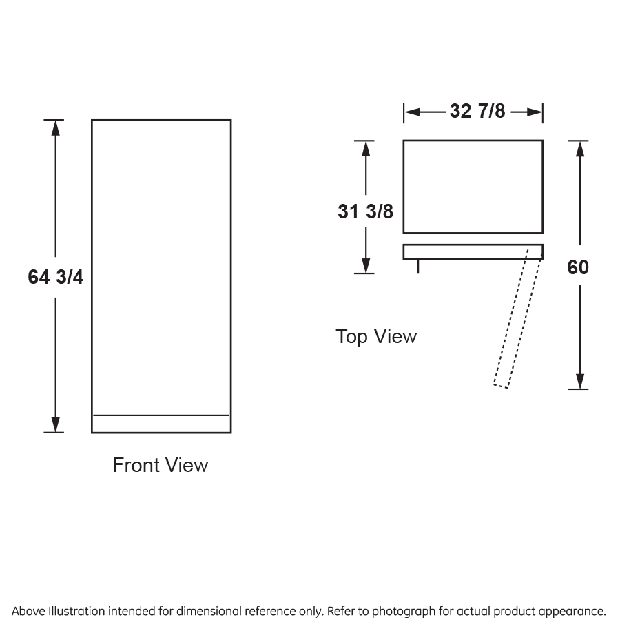 Dimensional diagram showing height, depth, and door swing measurements for upright freezer in appliances collection