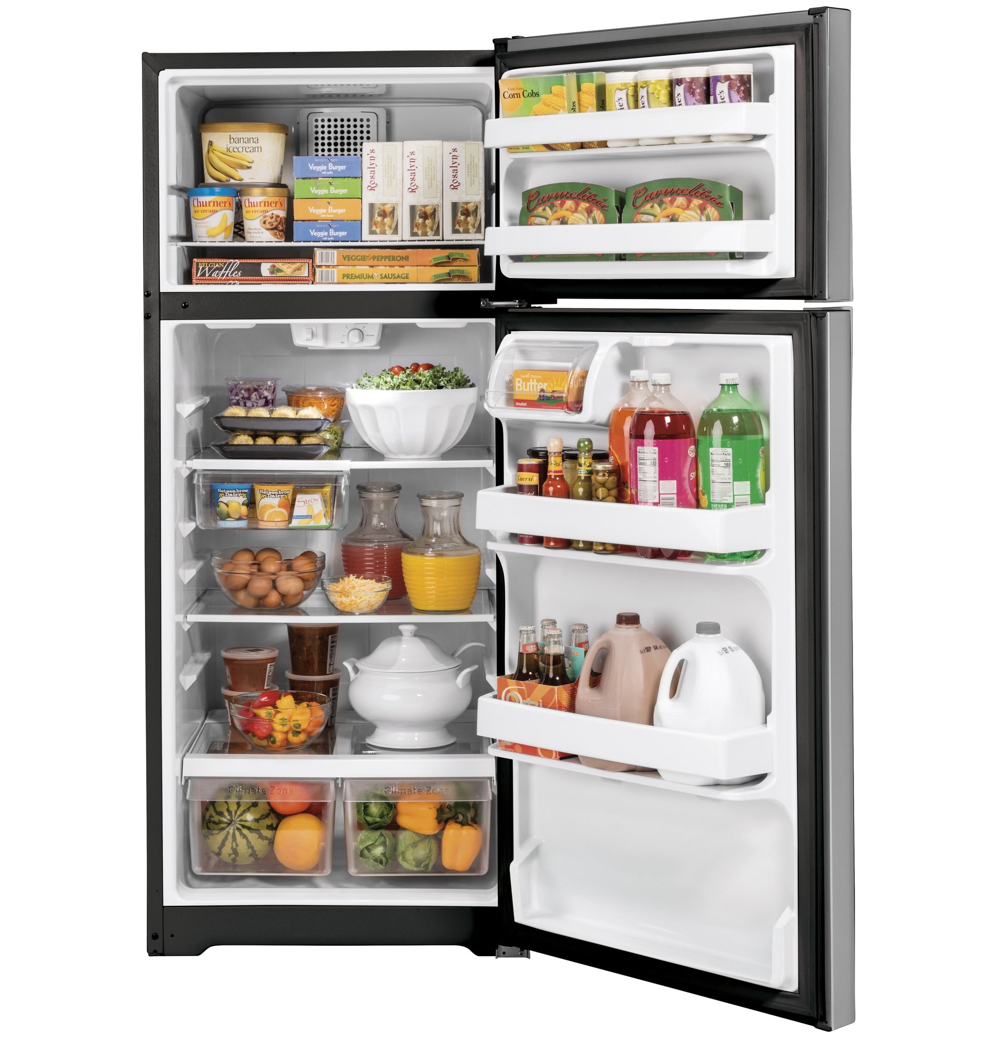 Open black top-freezer refrigerator with organized shelves, door bins, and fresh groceries in kitchen appliance collections