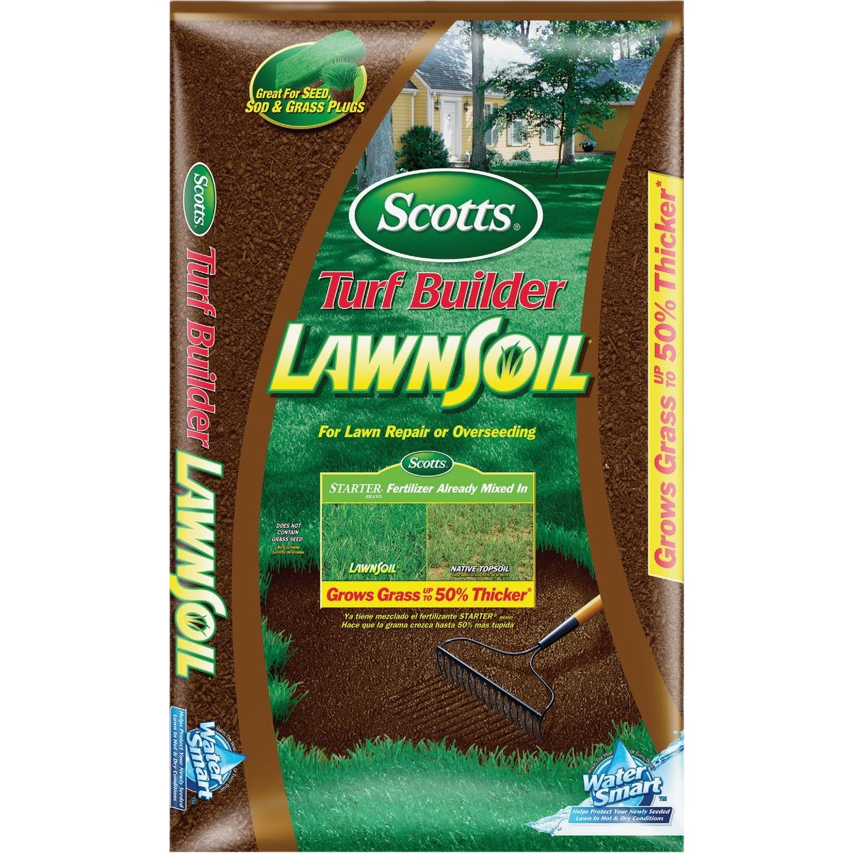 Bag of Scotts Turf Builder lawn soil designed for lawn repair and overseeding with starter fertilizer included