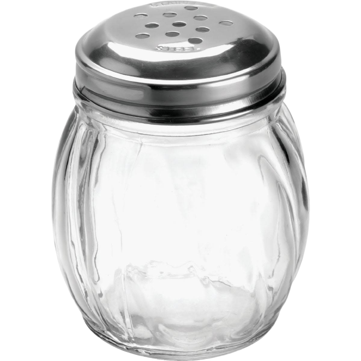 Clear swirled glass shaker with stainless steel top for dispensing cheese and spices in kitchenware collections under $50