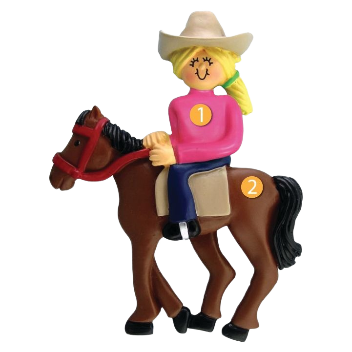 Blonde female rider in pink shirt and cowboy hat on brown horse ornament from Christmas Ornaments collection under $50