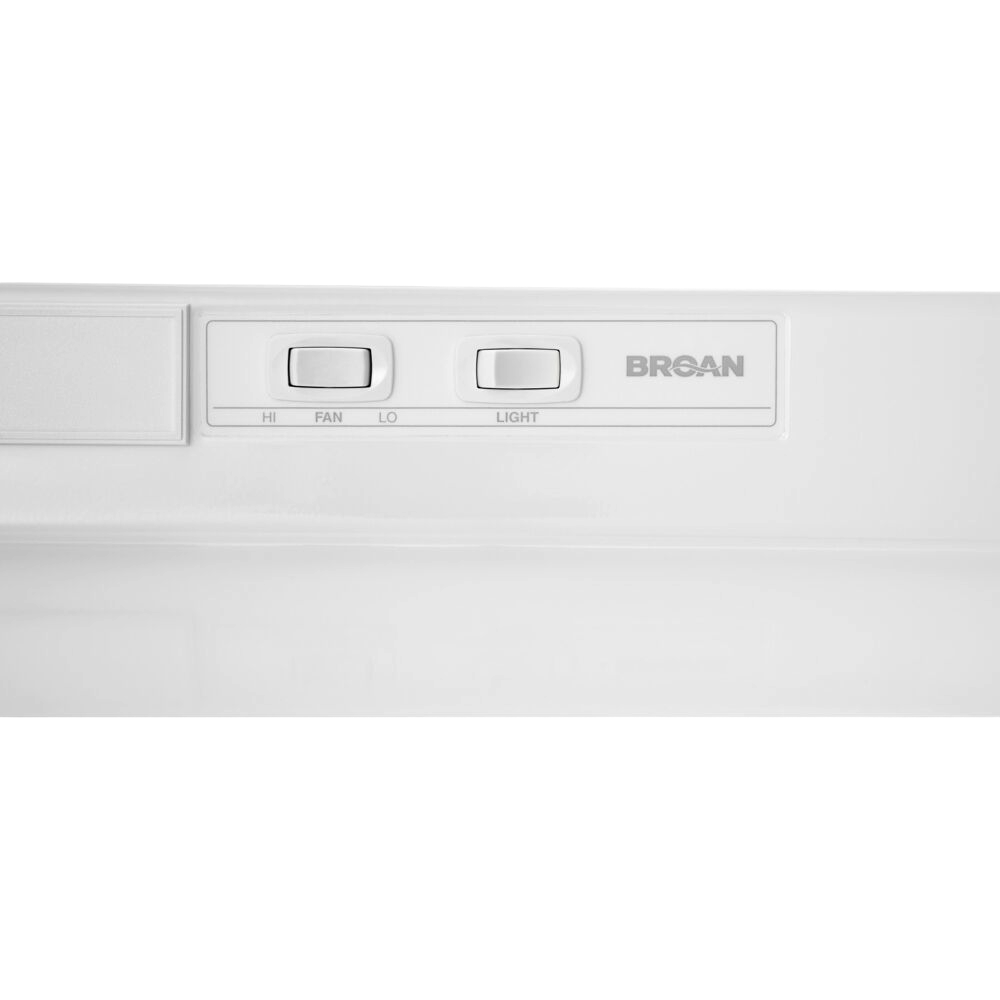 White under-cabinet range hood control panel with fan speed switch, light button, and brand logo for kitchen ventilation appliances
