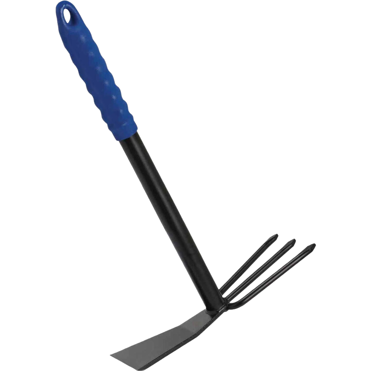 Hand cultivator with sturdy black metal tines and blue ergonomic grip for efficient gardening and home improvement tasks