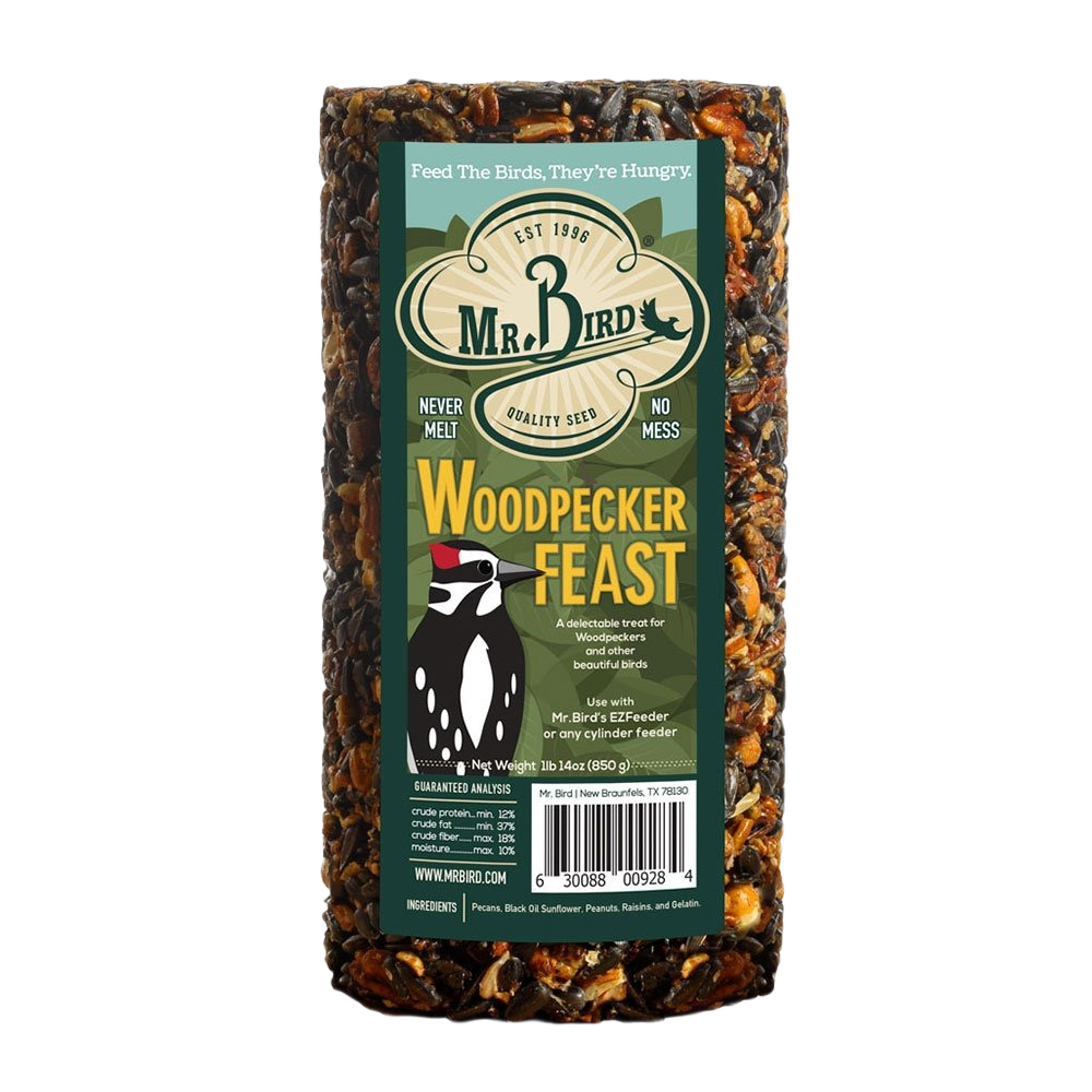 Cylinder of mixed seed bird feeder designed for woodpeckers with peanuts and dried fruit pieces