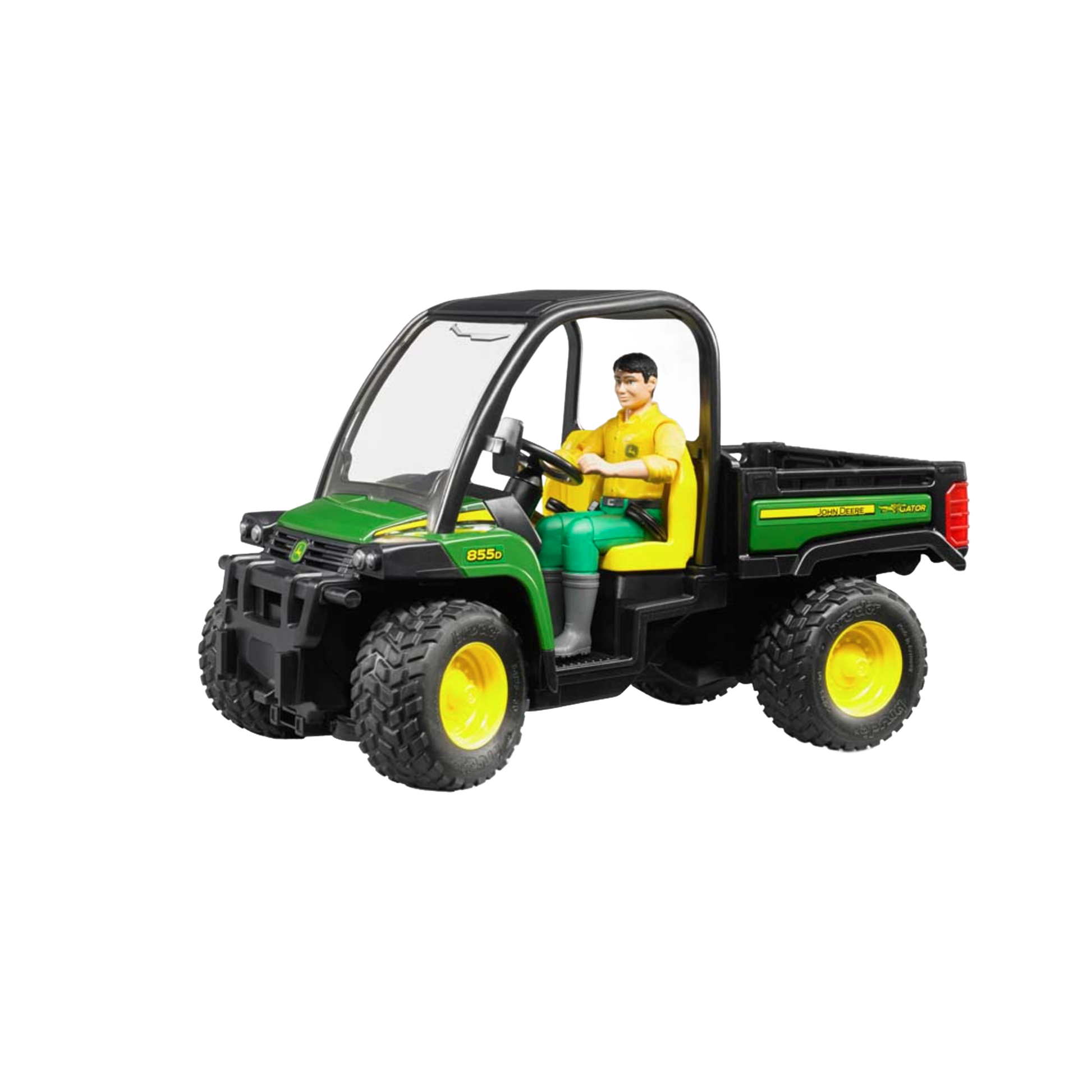 Green and yellow John Deere Gator toy vehicle with driver figure, part of Bruder Toys and Vehicles collections under $100