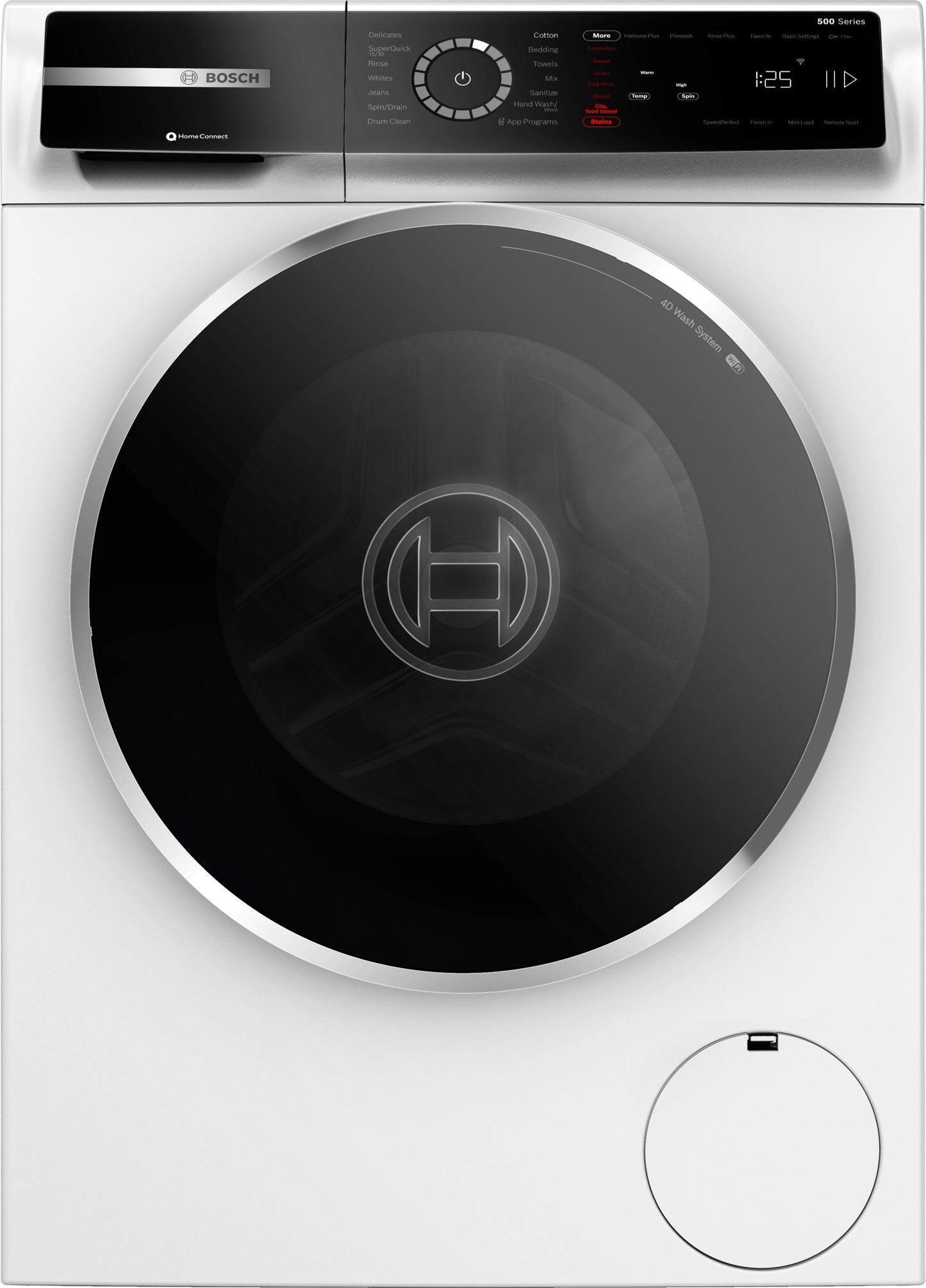 Front view of Bosch 500 Series compact washer with large round black door and digital control panel in Washers collection