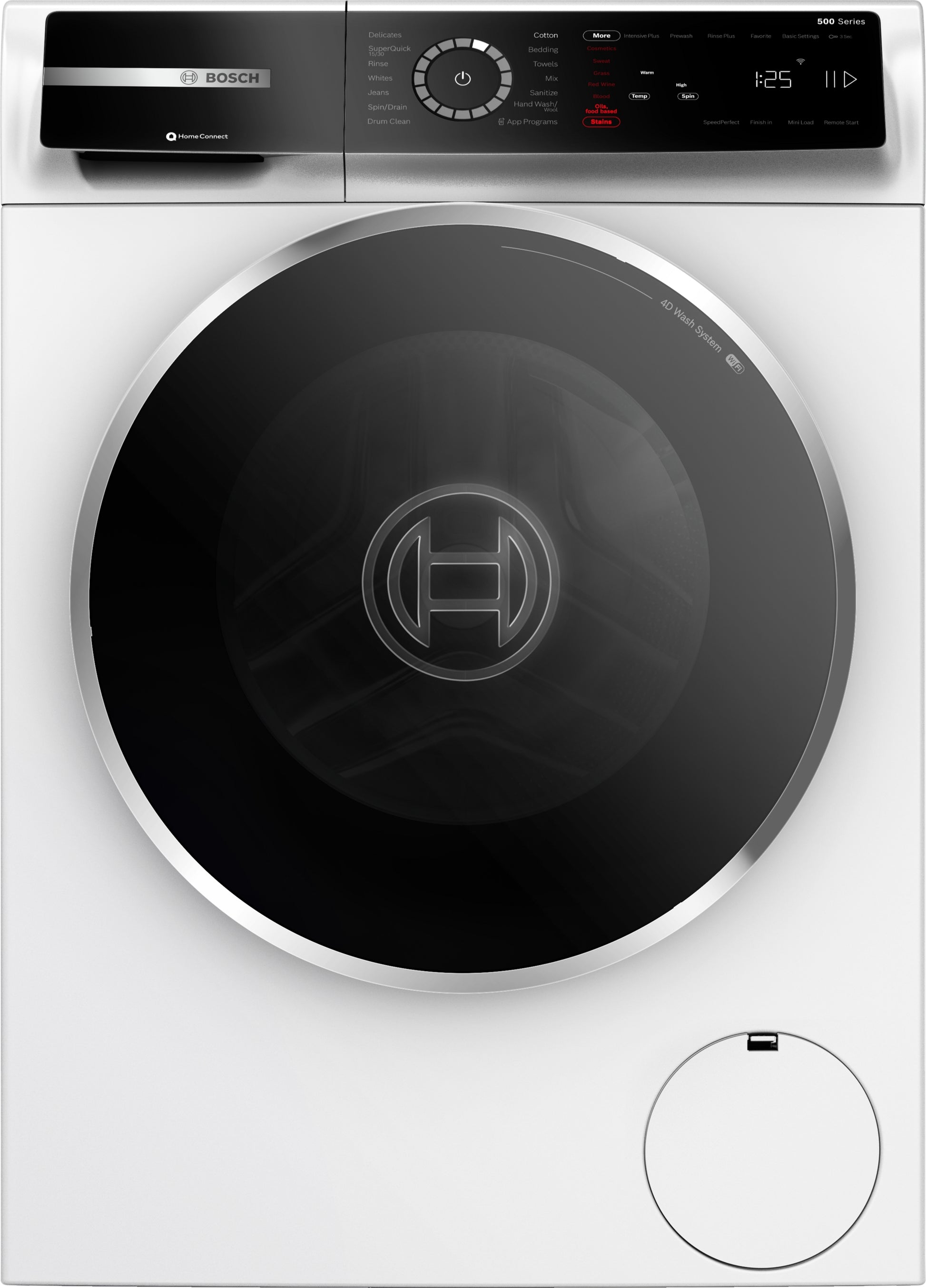 Front view of Bosch 500 Series compact washer with large round black door and digital control panel in Washers collection