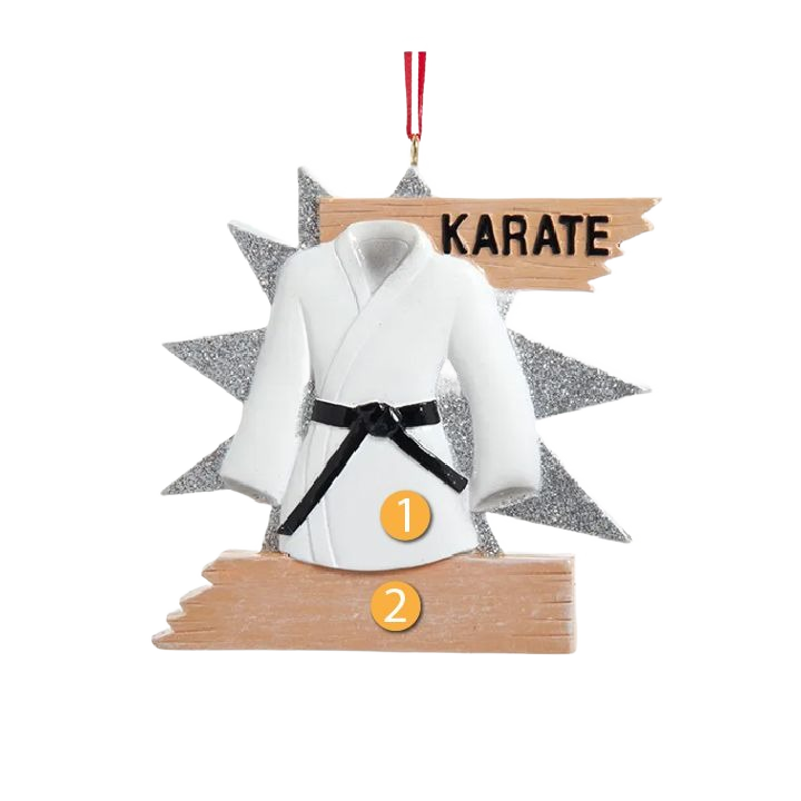 White karate uniform with black belt on glittery silver star background Christmas ornament under $50 collection