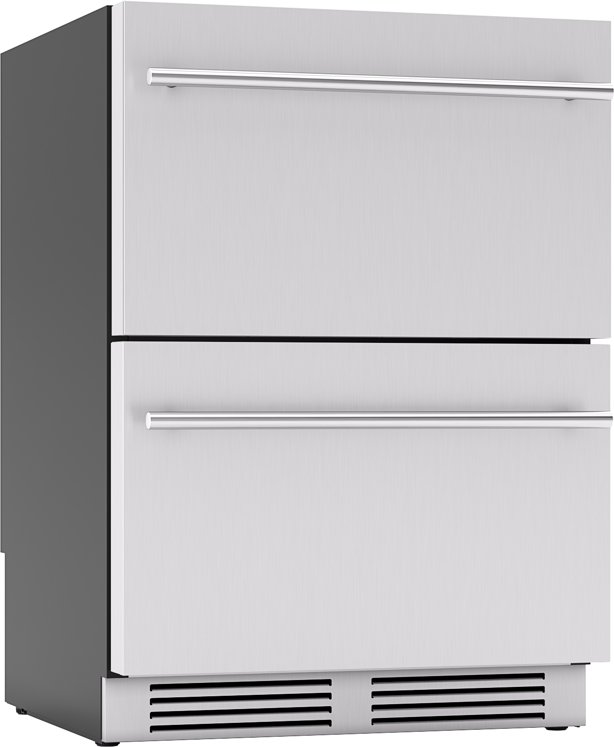 Stainless steel under-counter refrigerator drawers with sleek handles for kitchen appliances and home improvement needs