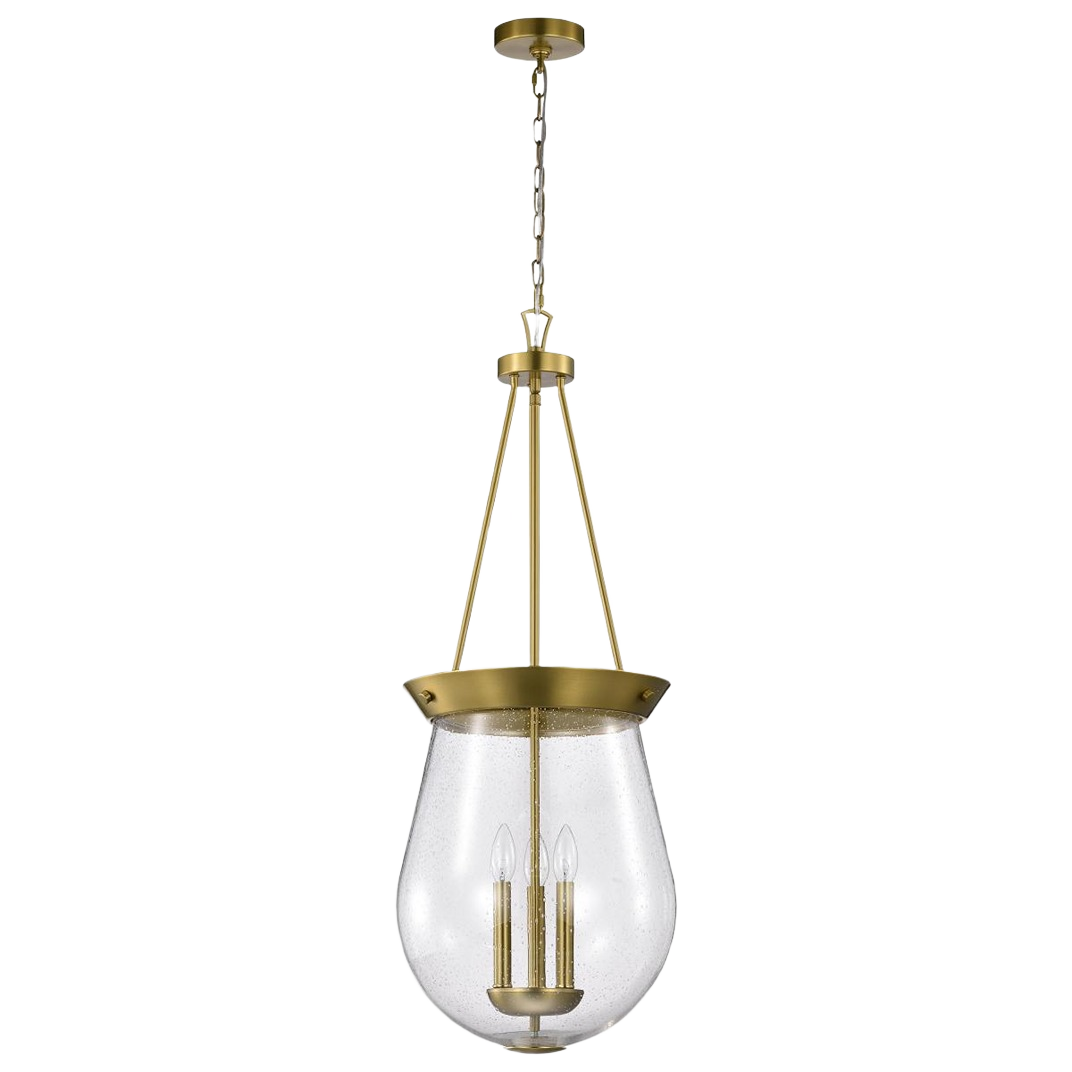Vintage brass hanging light fixture with clear seeded glass shade for elegant home improvement lighting