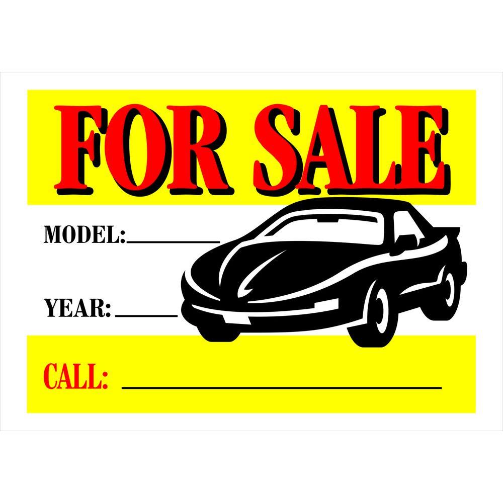 Yellow plastic automotive sale sign with red and black lettering and a black car illustration for tools and home improvement