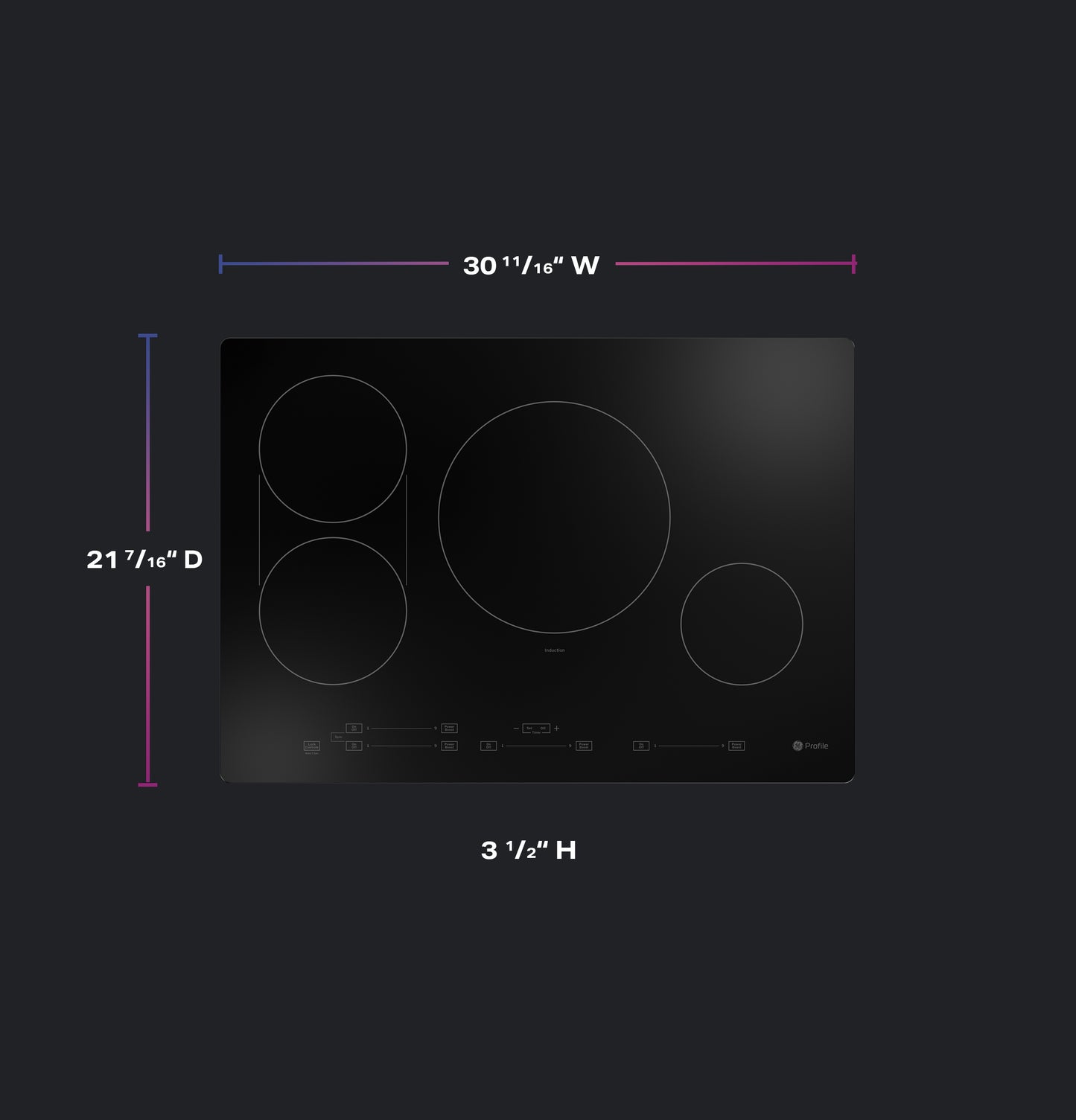 Black glass induction cooktop with five cooking zones and built-in touch controls from kitchen appliances collection
