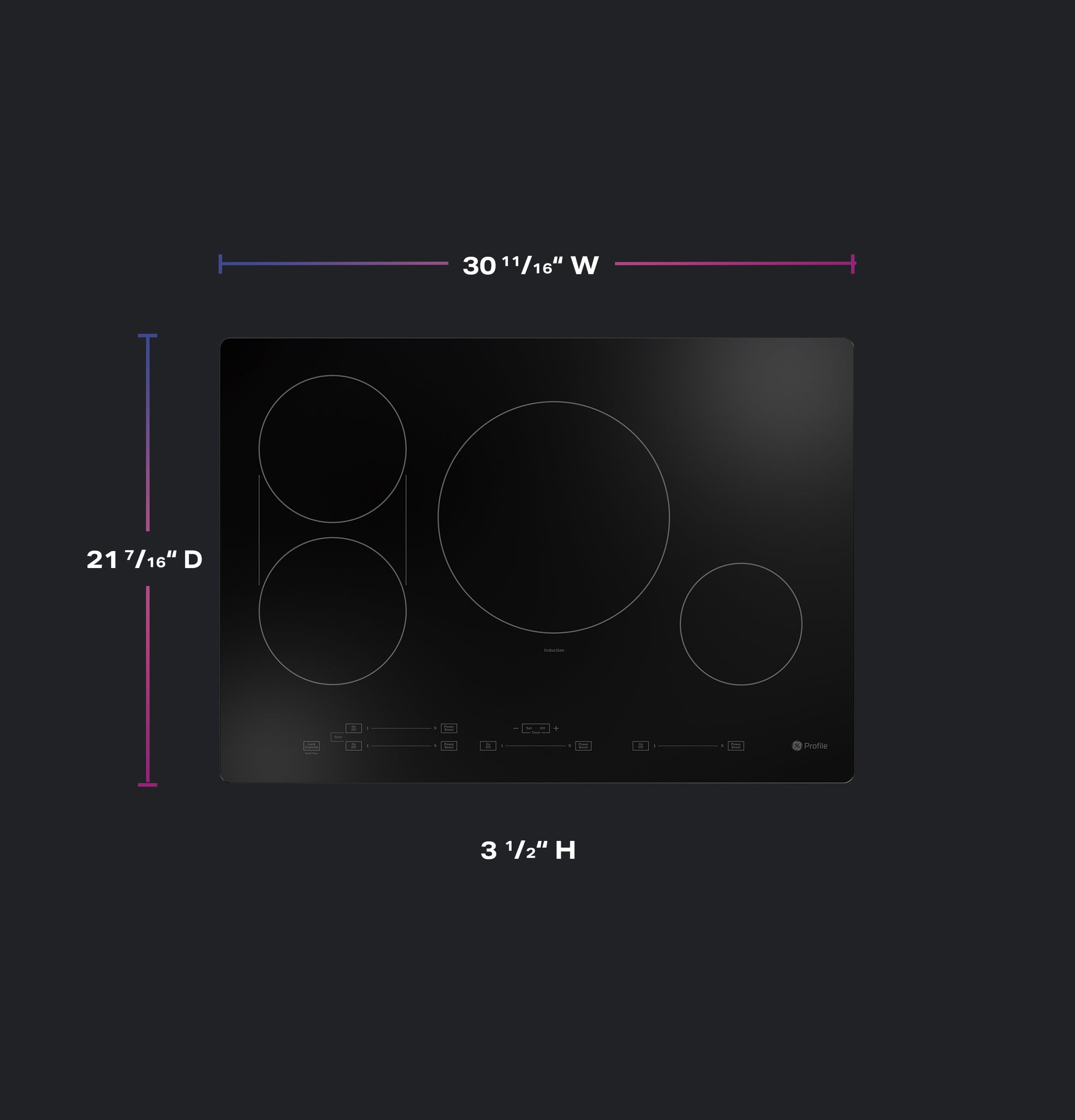 Black glass induction cooktop with five cooking zones and built-in touch controls from kitchen appliances collection